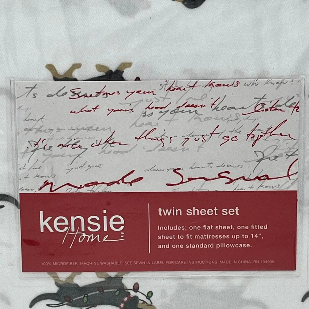 Kensie Home Twin Sheet Set Christmas Dachshund Dogs Lights White Microfiber